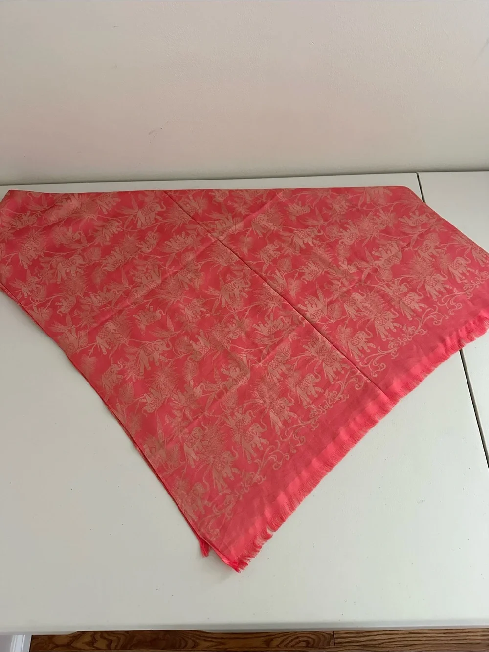100% Silk Elephant Jacquard Scarf Wrap Shawl Coral Pink Fringe 75x26 Boho Travel